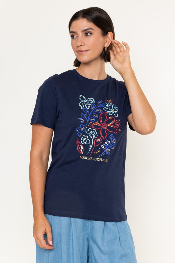 Carraig Donn Navy Floral Print Cotton Round Neck Short Sleeve T-Shirt