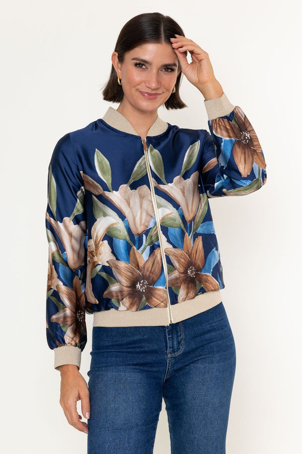 Carraig Donn Navy Floral Print Sateen Lurex Trim Long Sleeve Bomber Jacket