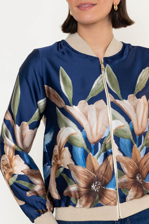 Carraig Donn Navy Floral Print Sateen Lurex Trim Long Sleeve Bomber Jacket