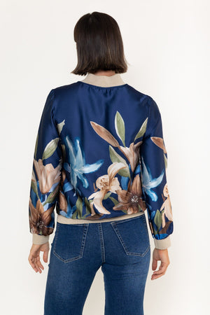 Carraig Donn Navy Floral Print Sateen Lurex Trim Long Sleeve Bomber Jacket