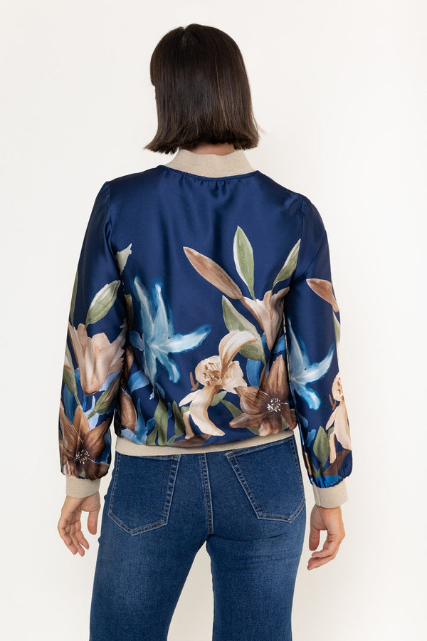 Carraig Donn Navy Floral Print Sateen Lurex Trim Long Sleeve Bomber Jacket