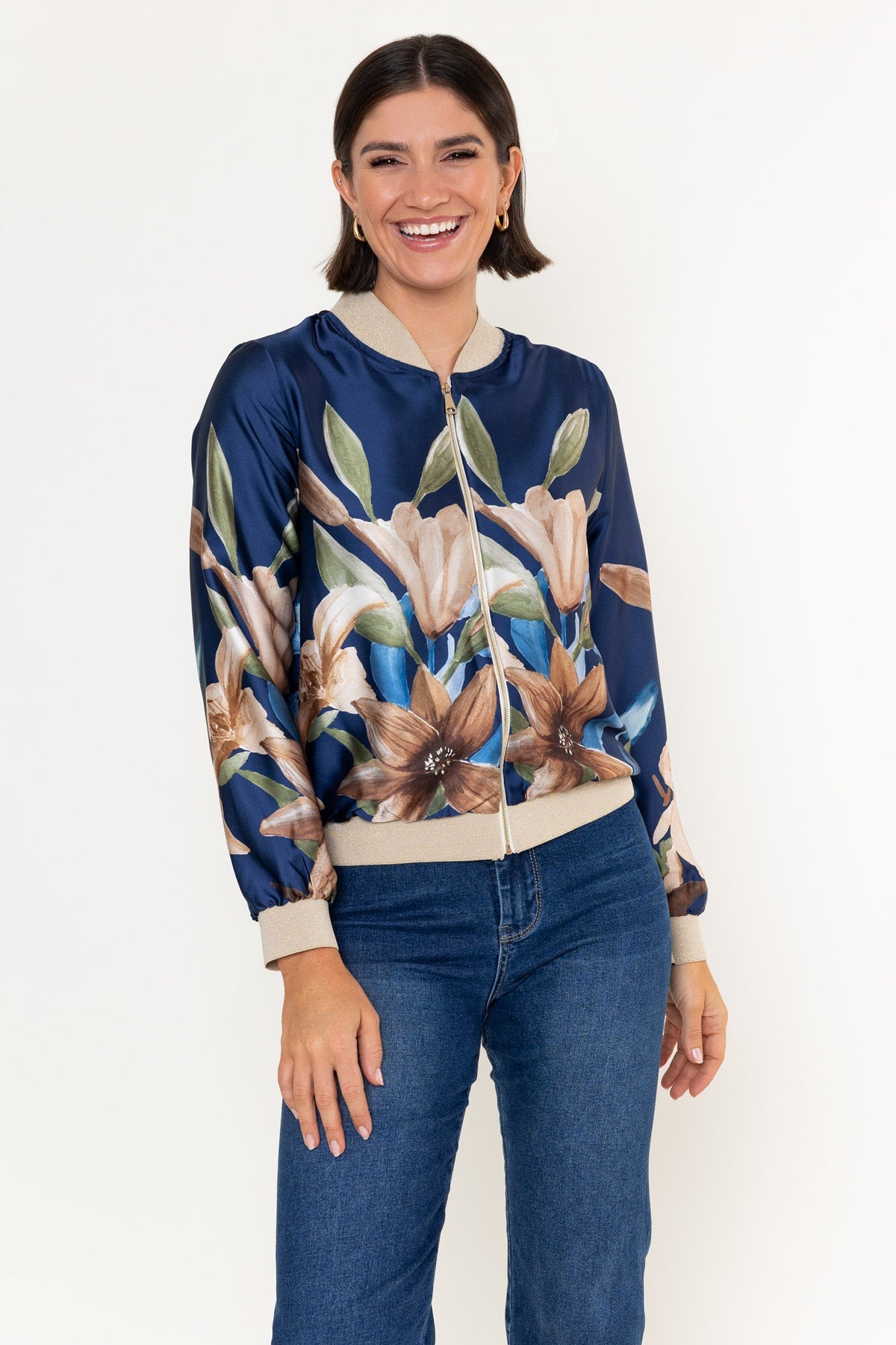 Navy Floral Print Sateen Lurex Trim Long Sleeve Bomber Jacket