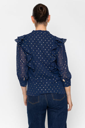Carraig Donn Navy Gold Foil Print Regular Fit Ruffle Detail Long Sleeve Blouse