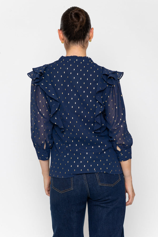 Carraig Donn Navy Gold Foil Print Regular Fit Ruffle Detail Long Sleeve Blouse
