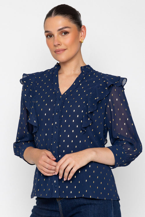 Navy Gold Foil Print Regular Fit Ruffle Detail Long Sleeve Blouse