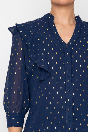 Carraig Donn Navy Gold Foil Print Regular Fit Ruffle Detail Long Sleeve Blouse