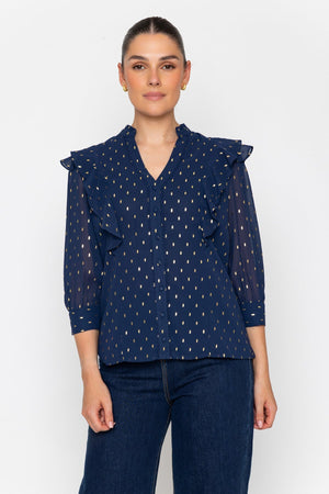 Carraig Donn Navy Gold Foil Print Regular Fit Ruffle Detail Long Sleeve Blouse