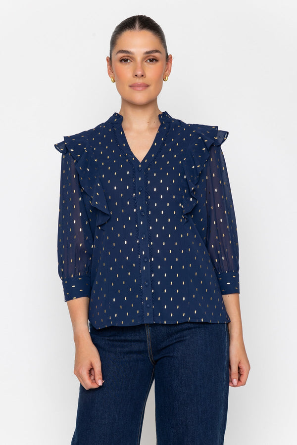 Carraig Donn Navy Gold Foil Print Regular Fit Ruffle Detail Long Sleeve Blouse