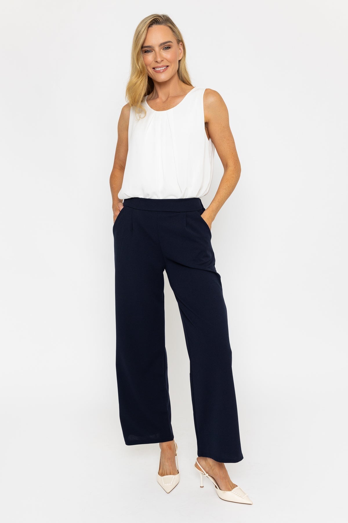 Navy High Waisted Wide Leg Trousers