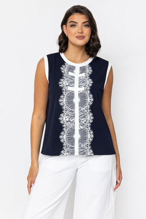 Carraig Donn Navy Lace Detail Sleeveless Top