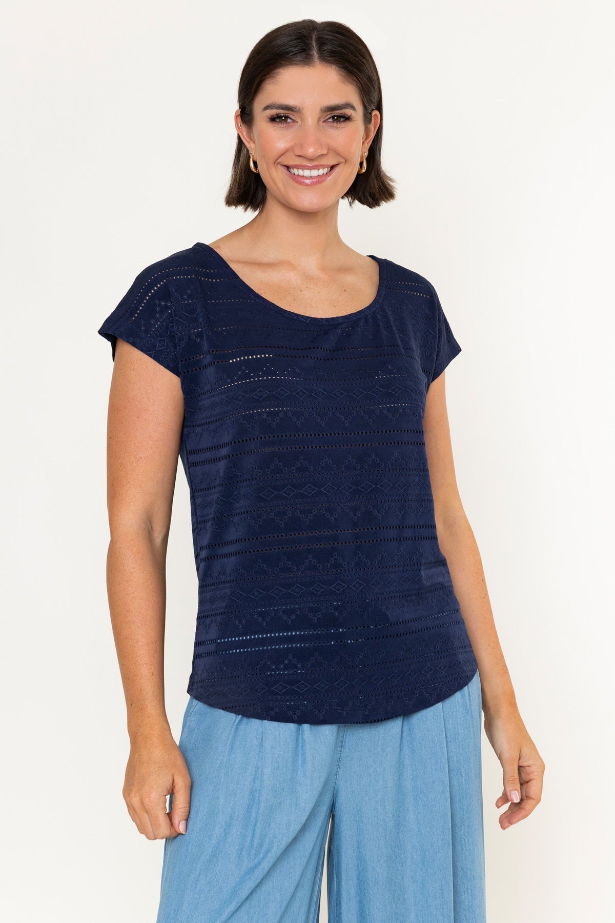 Navy Laser Cut Round Neck Cap Sleeve Top