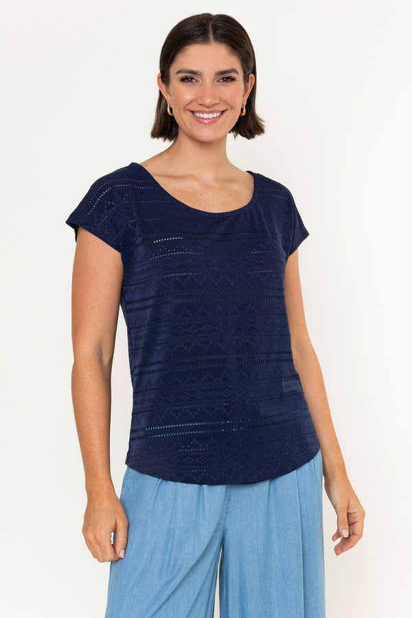 Carraig Donn Navy Laser Cut Round Neck Cap Sleeve Top