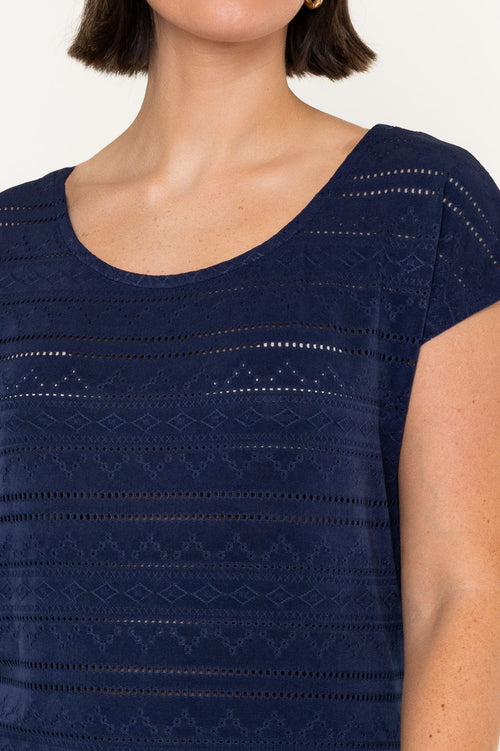 Carraig Donn Navy Laser Cut Round Neck Cap Sleeve Top