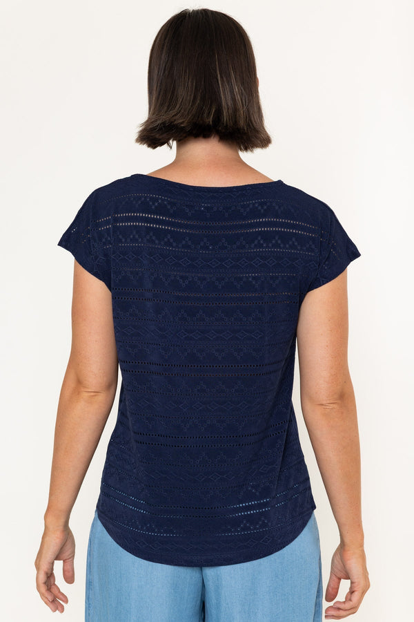 Carraig Donn Navy Laser Cut Round Neck Cap Sleeve Top