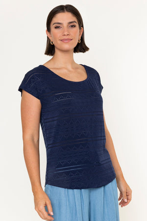 Carraig Donn Navy Laser Cut Round Neck Cap Sleeve Top