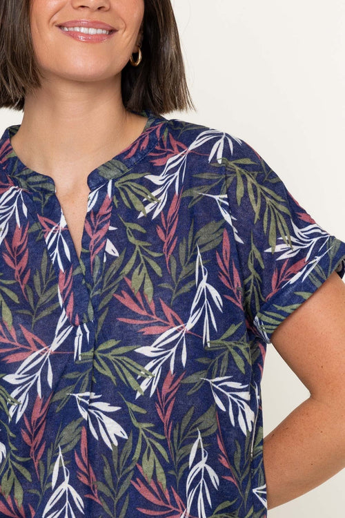 Carraig Donn Navy Linen Look Print Collarless Short Sleeve Top