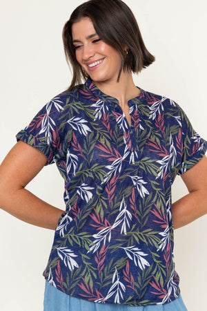 Carraig Donn Navy Linen Look Print Collarless Short Sleeve Top