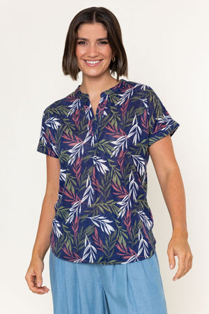 Carraig Donn Navy Linen Look Print Collarless Short Sleeve Top