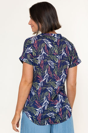 Carraig Donn Navy Linen Look Print Collarless Short Sleeve Top