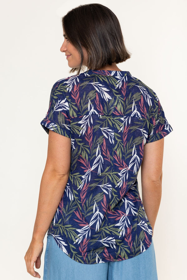Carraig Donn Navy Linen Look Print Collarless Short Sleeve Top