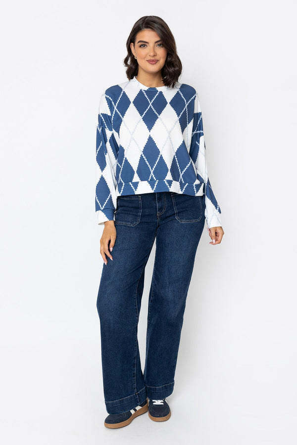 Carraig Donn Navy Long Sleeve Argyle Top