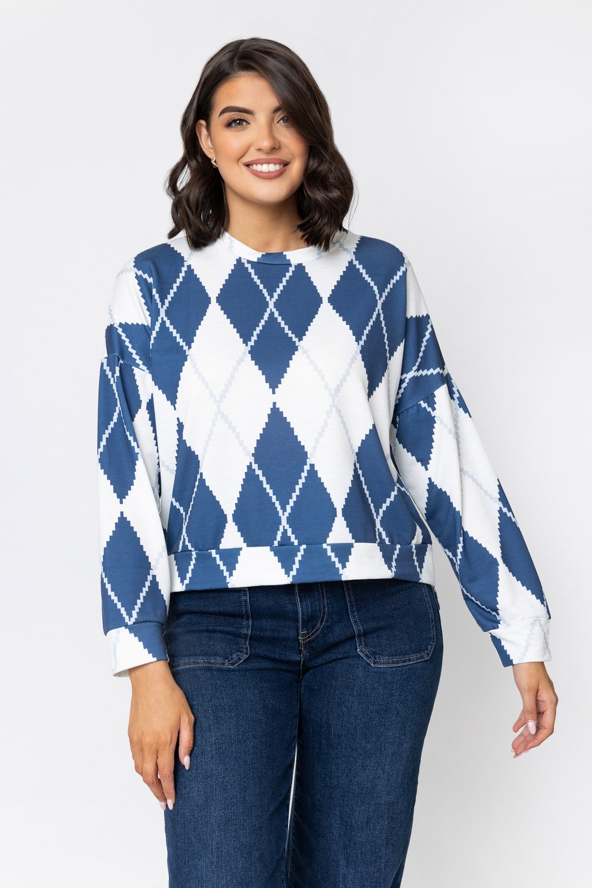 Navy Long Sleeve Argyle Top