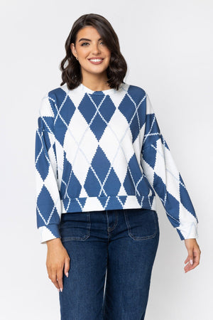 Carraig Donn Navy Long Sleeve Argyle Top