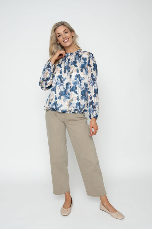 Carraig Donn Navy Lurex Floral Print High Neck Long Sleeve Top