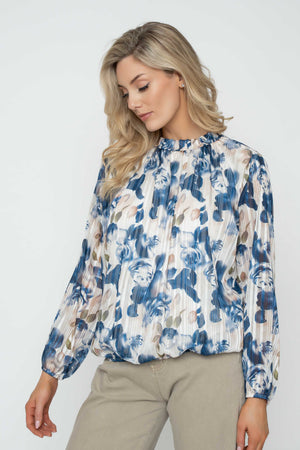 Carraig Donn Navy Lurex Floral Print High Neck Long Sleeve Top