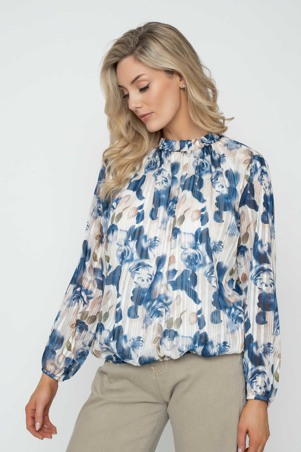 Carraig Donn Navy Lurex Floral Print High Neck Long Sleeve Top