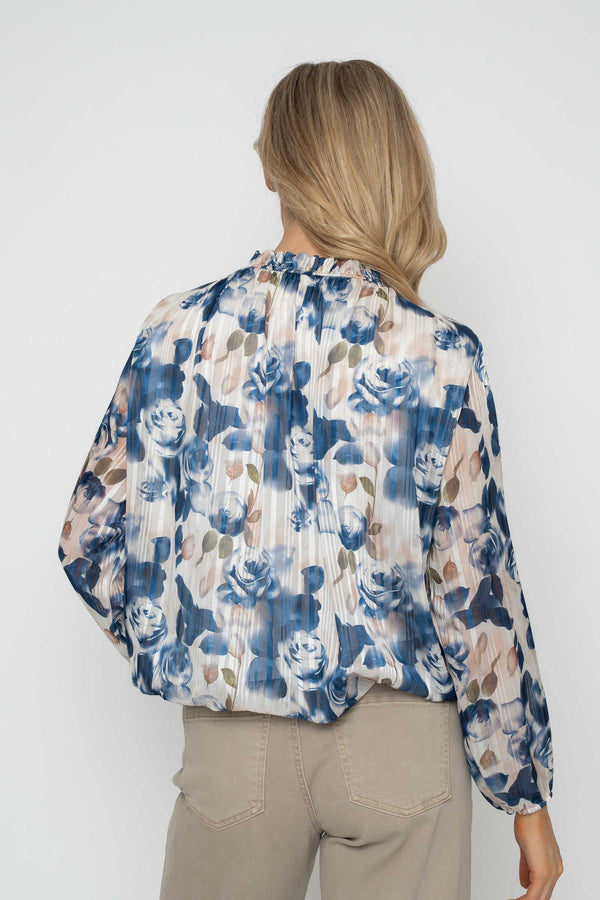 Carraig Donn Navy Lurex Floral Print High Neck Long Sleeve Top