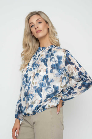Carraig Donn Navy Lurex Floral Print High Neck Long Sleeve Top