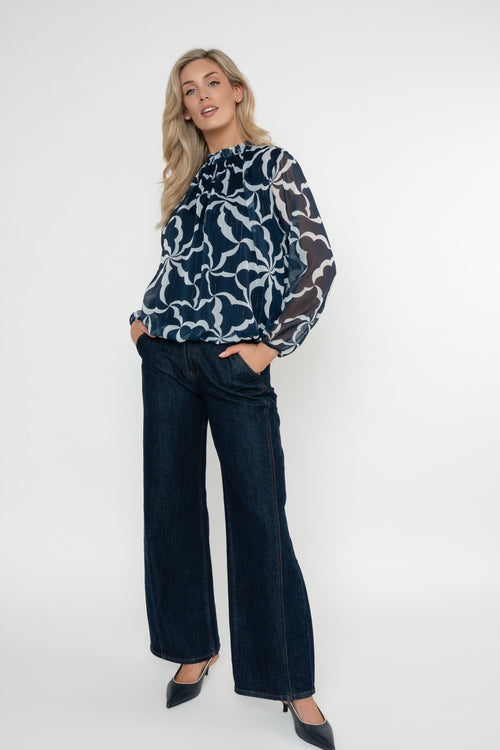 Carraig Donn Navy Lurex Print High Neck Long Sleeve Top