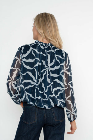 Carraig Donn Navy Lurex Print High Neck Long Sleeve Top