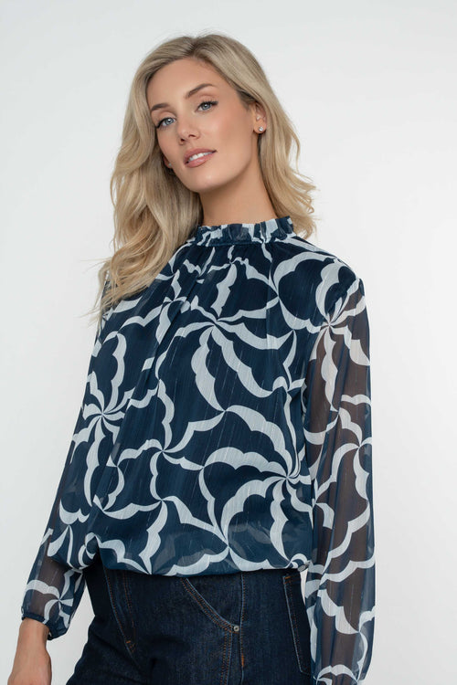 Navy Lurex Print High Neck Long Sleeve Top