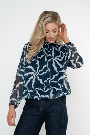 Carraig Donn Navy Lurex Print High Neck Long Sleeve Top