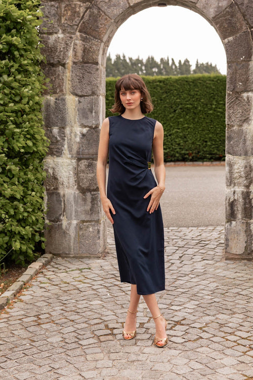 Navy Midi Dress with Gathered Side Detail