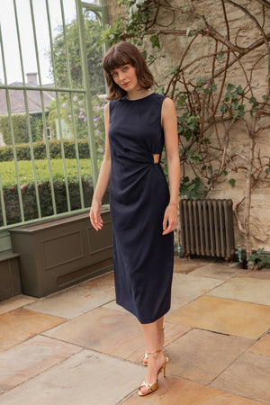 Carraig Donn Navy Midi Dress with Gathered Side Detail