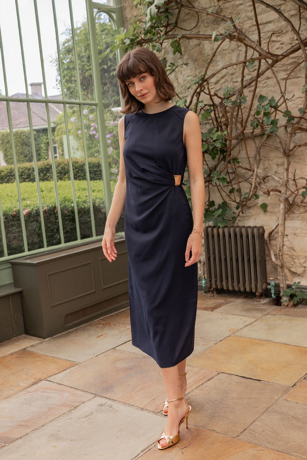 Carraig Donn Navy Midi Dress with Gathered Side Detail