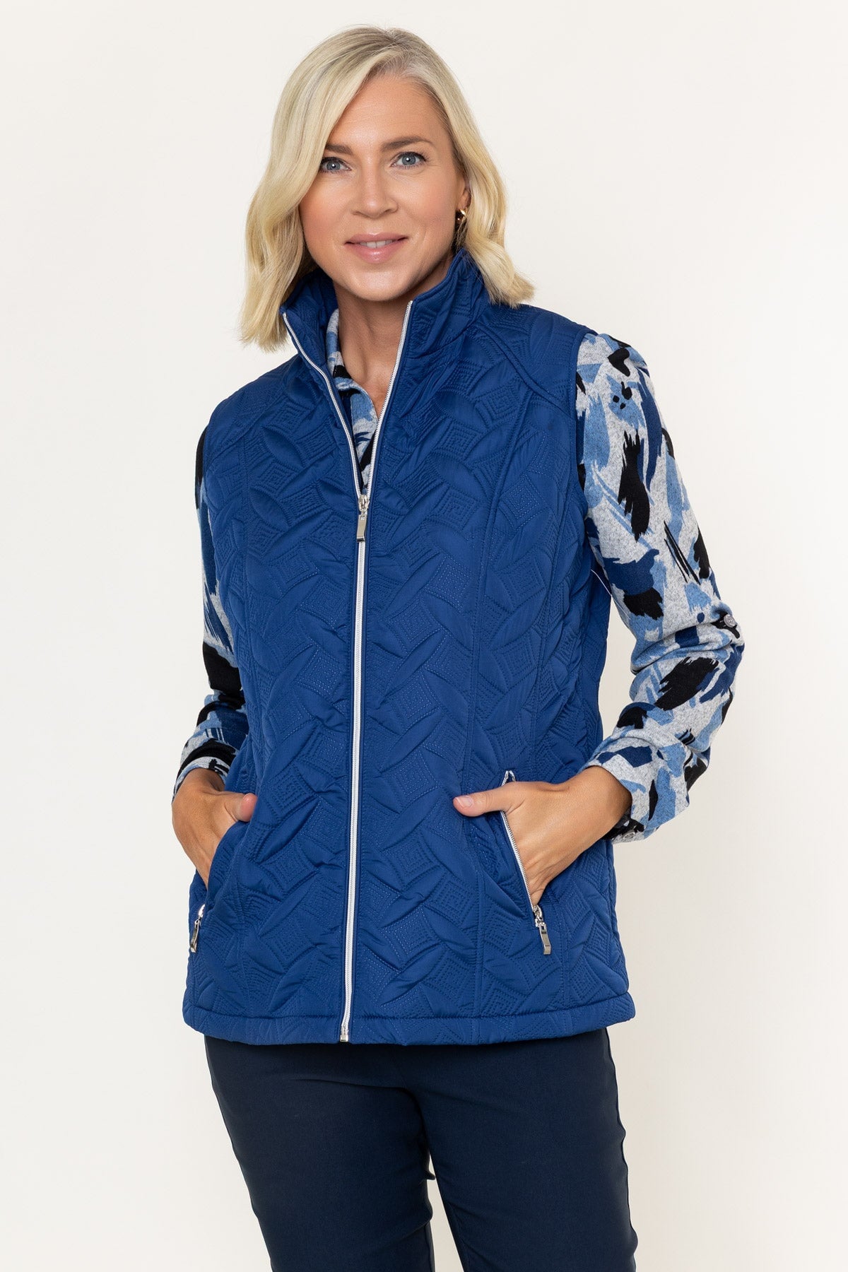 Navy Padded Quilted High Neck Zip Pocket Gilet