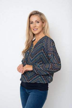 Carraig Donn Navy Print Zip Detail Long Sleeve Top