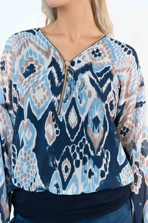 Carraig Donn Navy Print Zip Detail Long Sleeve Top