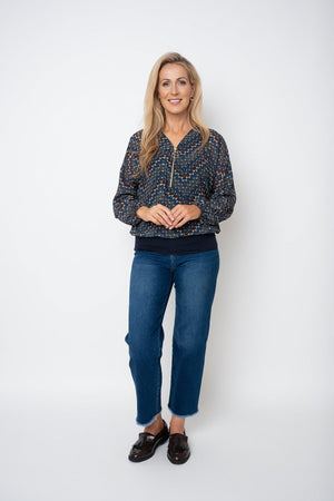 Carraig Donn Navy Print Zip Detail Long Sleeve Top