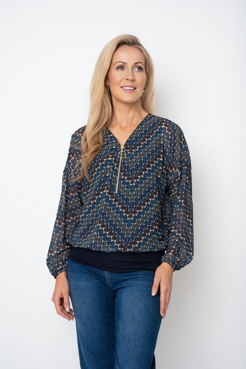 Navy Print Zip Detail Long Sleeve Top