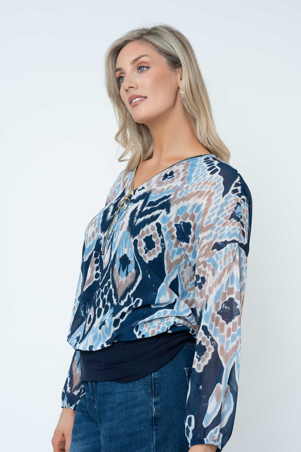 Carraig Donn Navy Print Zip Detail Long Sleeve Top