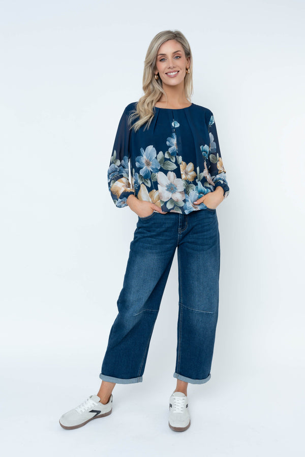 Carraig Donn Navy Printed Long Sleeve Blouse