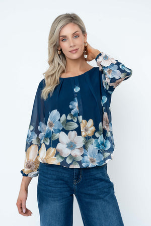 Carraig Donn Navy Printed Long Sleeve Blouse