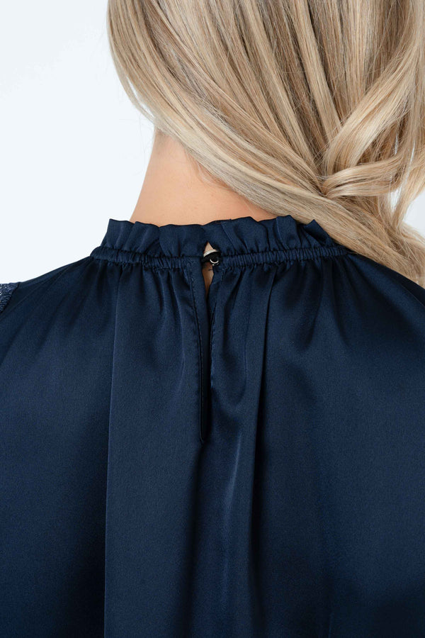 Carraig Donn Navy Sateen High Neck Sleeveless Top