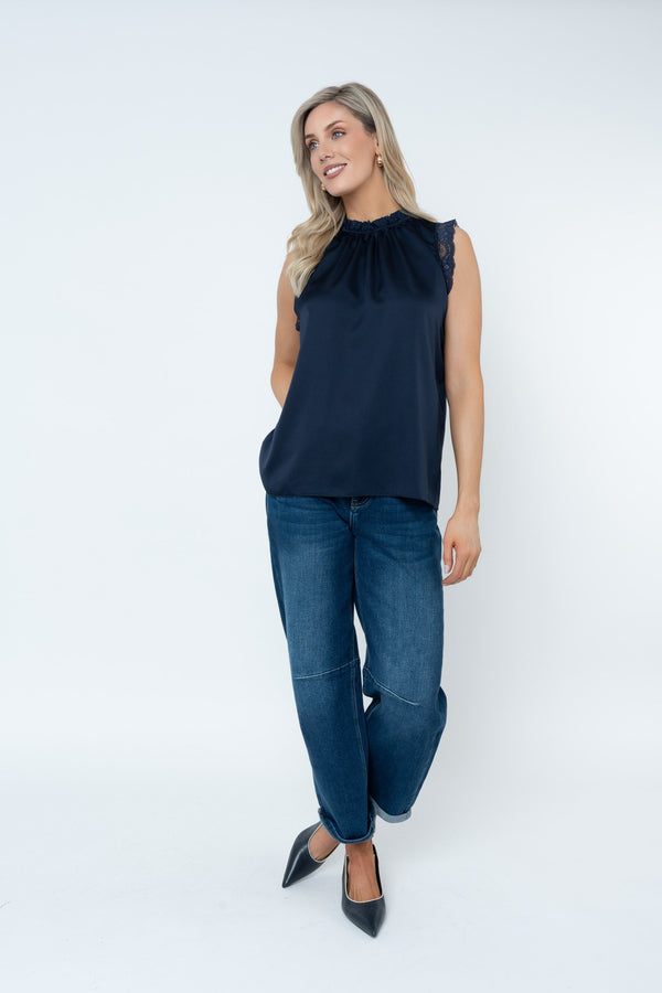 Carraig Donn Navy Sateen High Neck Sleeveless Top