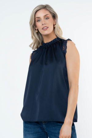 Carraig Donn Navy Sateen High Neck Sleeveless Top